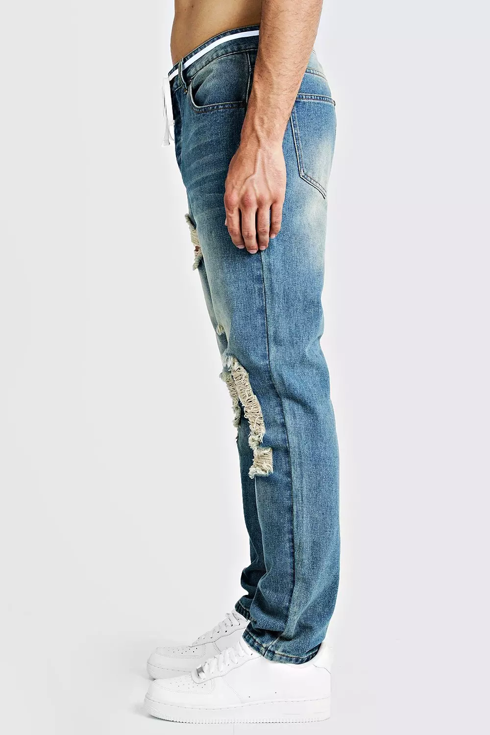 Slim Fit Distressed Jean With Shoelace Belt | boohooMAN USA